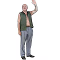 Man waving hand wearing green vest striped shirt gray pants black shoes