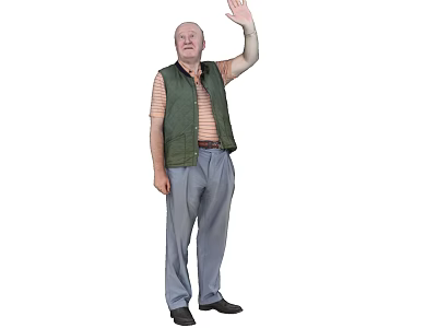 Man waving hand wearing green vest striped shirt gray pants black shoes 3d model