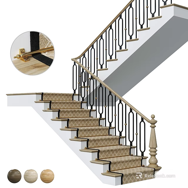 Elegant Staircase Featuring Wooden Steps Black Metal Curved Railings And Decorative Connectors 3d model 