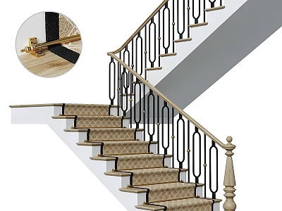 Elegant Staircase Featuring Wooden Steps Black Metal Curved Railings And Decorative Connectors 3d model