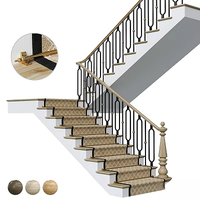 Elegant Staircase Featuring Wooden Steps Black Metal Curved Railings And Decorative Connectors 3d model