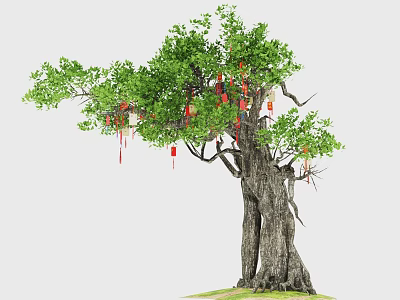 Garden Landscape Featuring Ancient Tree With Red Lanterns Lush Green Leaves And Grass Base 3d model