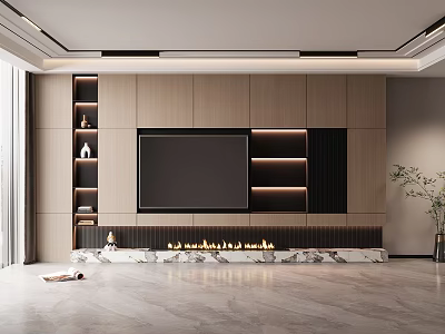 Modern TV Wall Design With Wooden Panels Shelves LED Strip Lights And Marble Base 3d model