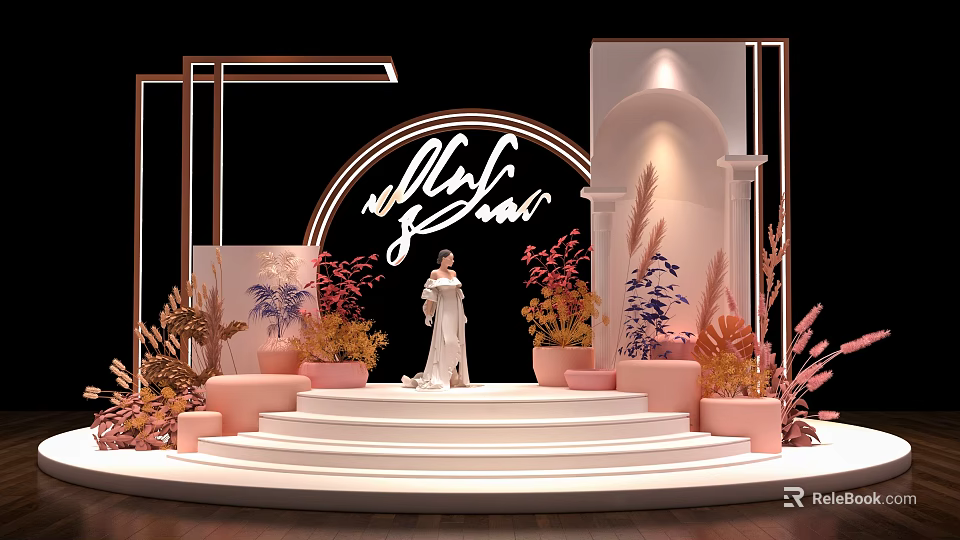 Check in Photo Spot With Black Circular Arch White Steps And Pink Brown Plants 3d model 