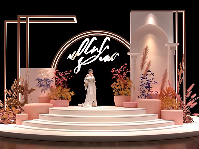 Check in Photo Spot With Black Circular Arch White Steps And Pink Brown Plants 3d model