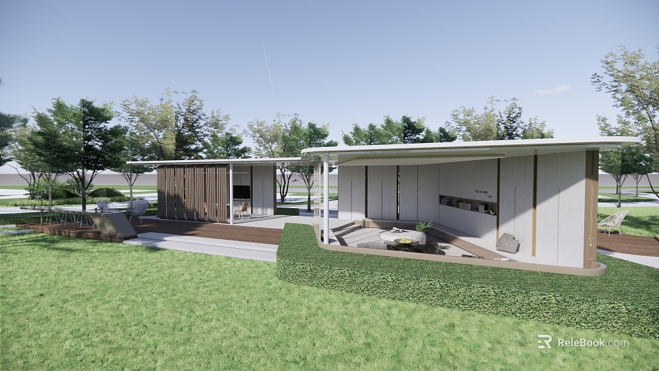 Modern Outdoor Wooden Pergola Design With Green Garden Lawn And Exterior Greenery 3d model 