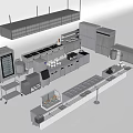 Commercial Kitchen Stainless Steel Appliances And Various Cooking Equipment Layout