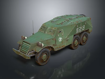 Green Armored Military Vehicle With Six Wheels Number 523 And Weathered Exterior 3d model