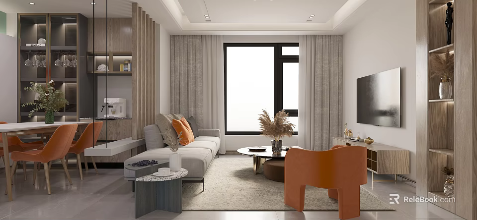 Modern Living Dining Room Interior With Gray Sofa Orange Chair And Coffee Table 3d model 