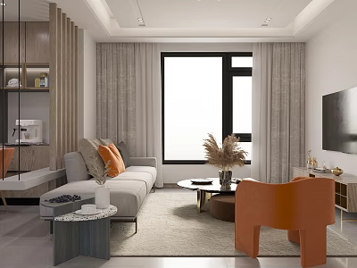 Modern Living Dining Room Interior With Gray Sofa Orange Chair And Coffee Table 3d model
