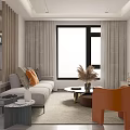 Modern Living Dining Room Interior With Gray Sofa Orange Chair And Coffee Table
