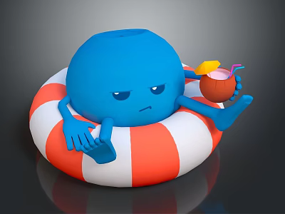 Blue Game Movie Character Sitting On Orange White Lifebuoy Holding Coconut Drink With Sad Expression 3d model