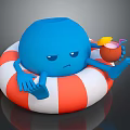 Blue Game Movie Character Sitting On Orange White Lifebuoy Holding Coconut Drink With Sad Expression