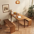 Modern Wooden Dining Table Set with Benches Coffee Machine Fruits Potted Plant and Framed Art