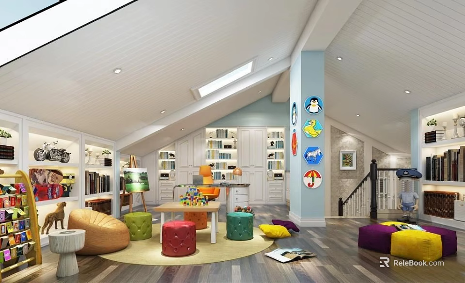 Attic Playroom Interior Design With White Bookshelves Colorful Seating Toys Natural Light And Wooden Floor 3d model 