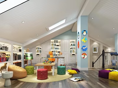 Attic Playroom Interior Design With White Bookshelves Colorful Seating Toys Natural Light And Wooden Floor 3d model