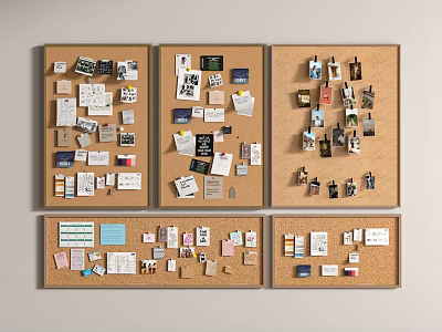 Corkboard Photo Wall with Multiple Photos Cards and Notes Arranged on Three Panels 3d model