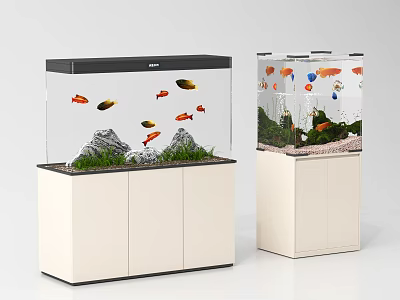 Aquarium Fish Tanks With Colorful Fish Plants Rocks And Cabinet Stands 3d model