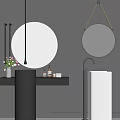 Modern Bathroom With Black And White Freestanding Sinks Two Round Mirrors Gray Wall And Toiletries