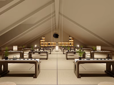 School Library Interior With Sloped Ceiling Long Tables Bookshelves Green Plants And Table Lamps 3d model