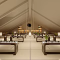 School Library Interior With Sloped Ceiling Long Tables Bookshelves Green Plants And Table Lamps