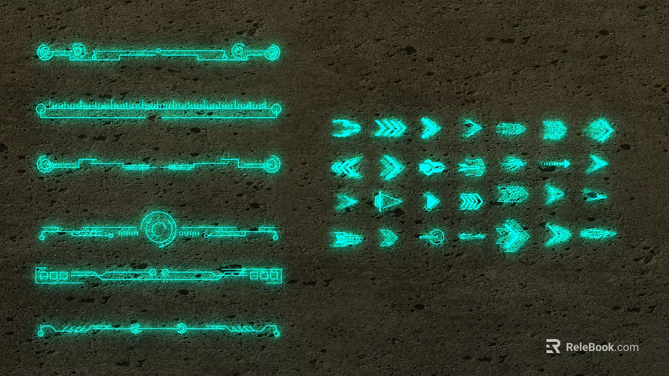 Set of Glowing Green Lines and Arrow Symbols on Dark Background Design Elements 3d model 