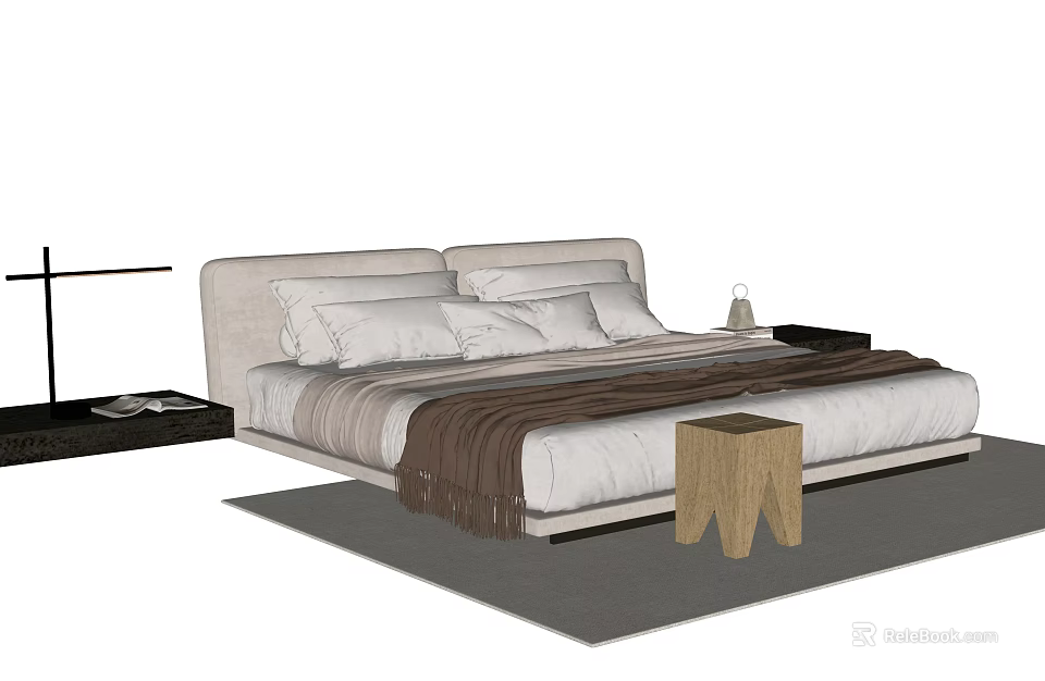 Modern Double Bed With Light Headboard White Pillows Brown Blanket Black Nightstand And Wooden Stool 3d model 