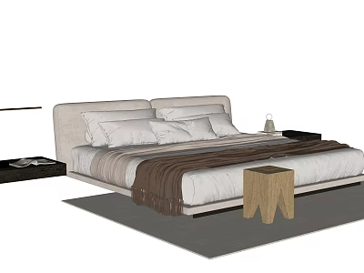 Modern Double Bed With Light Headboard White Pillows Brown Blanket Black Nightstand And Wooden Stool 3d model
