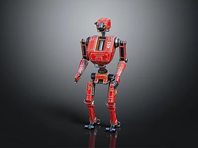 Red Mechanical Robot Character Standing With Detailed Joints And Metallic Body 3d model