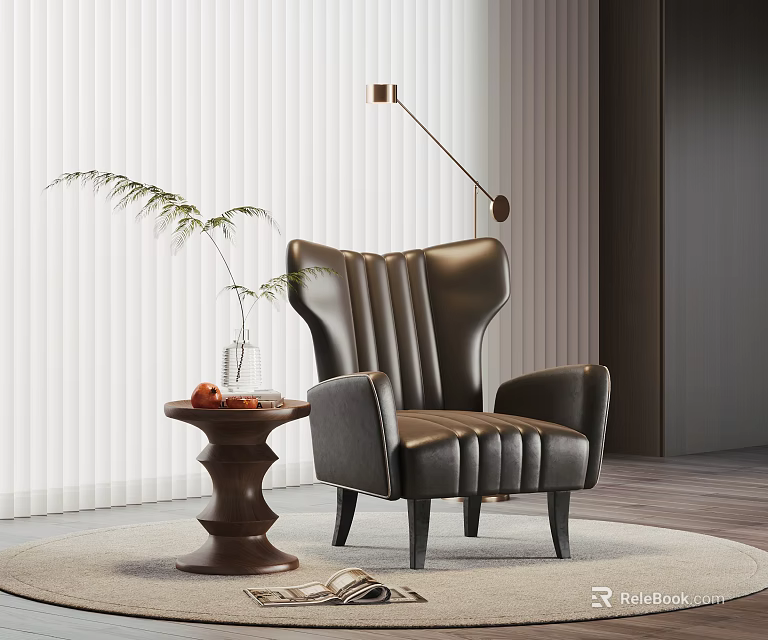 Black Leather Single Sofa With Round Side Table Green Plant And White Blinds 3d model 