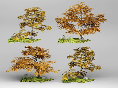 Deciduous Trees With Yellow Orange Foliage Growing On Green Grass And Stones 3d model
