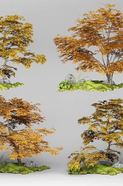 Deciduous Trees With Yellow Orange Foliage Growing On Green Grass And Stones 3d model