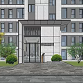 Modern Building Storefront Entrance With Glass Doors And Green Plants