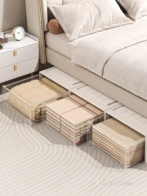 Under Bed Storage Drawers With Folded Clothes In Transparent Containers 3d model