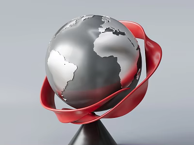 Decorative Ornament Set With Silver Globe Red Ribbon And Black Base For Home Decor 3d model