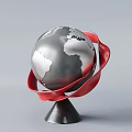 Decorative Ornament Set With Silver Globe Red Ribbon And Black Base For Home Decor