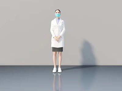 Woman In White Medical Coat With Mask Standing With Clasped Hands On Gray Floor 3d model