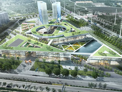 Modern Urban Building Complex With Green Roof Central Water Area And Surrounding Skyscrapers 3d model