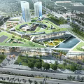 Modern Urban Building Complex With Green Roof Central Water Area And Surrounding Skyscrapers