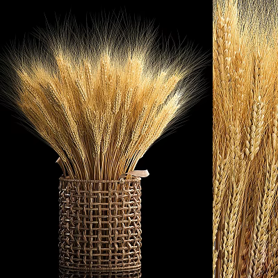 Decorative Woven Vase With Golden Wheat Ears Arranged On Black Background Close Up View 3d model