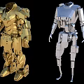 Game And Movie Character Golden Silver Robot Armor Design With Mechanical Details