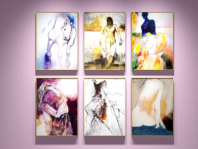 Six Abstract Paintings With Various Colors And Abstract Human Figures Displayed On Purple Wall 3d model
