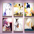 Six Abstract Paintings With Various Colors And Abstract Human Figures Displayed On Purple Wall