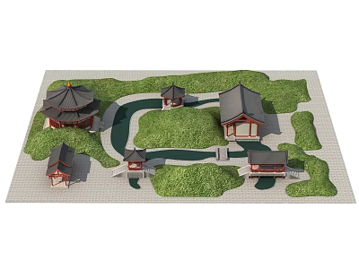 Traditional Ancient Architecture in Classical Garden with Stone Paths Curved Roofs and Green Lawns 3d model