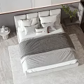Modern Minimalist Double Bed With Gray Headboard Pillows Striped Bedding Nightstand Decorations Green Plant Wall