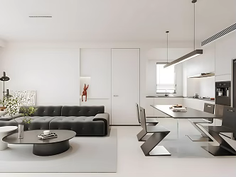Minimalist Black and White Grey Guest Restaurant Table and Chair Combination Hanging Picture Ornaments Chandelier Vertical Cabinet 3d model