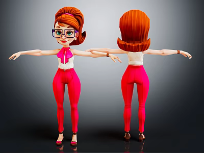 Cartoon Female Character Red Hair Glasses Pink Outfit White Top Red Heels Front Back View 3d model