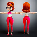 Cartoon Female Character Red Hair Glasses Pink Outfit White Top Red Heels Front Back View