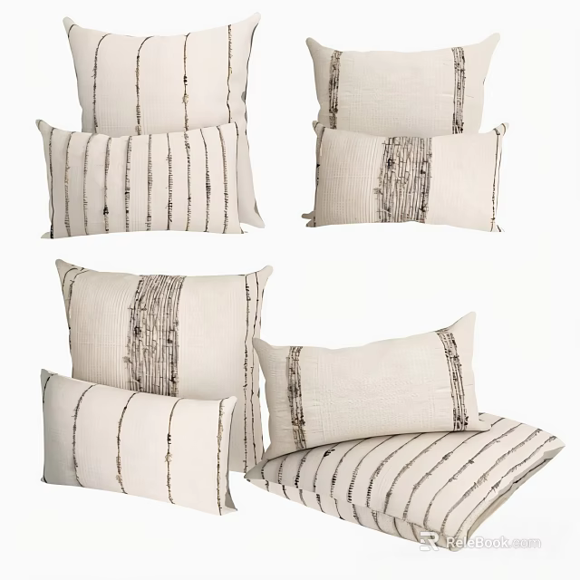 Elegant Neutral Striped Decorative Pillows With Linen Fabric And Vertical Stitch Details 3d model 