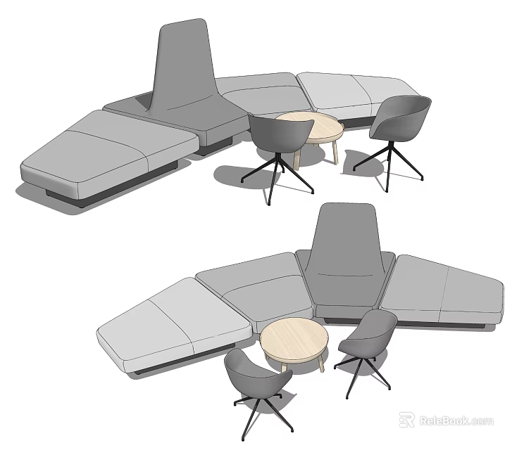 Gray L shaped Sofa and Round Wooden Coffee Table Set with Two Chairs 3d model
